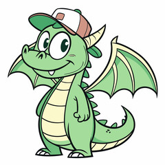 Obraz premium Cartoon Green Dragon Wearing a Baseball Cap Standing and Smiling Lovingly