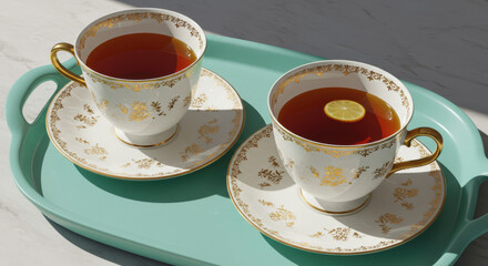 Ornate teacups with lemon slices on tray