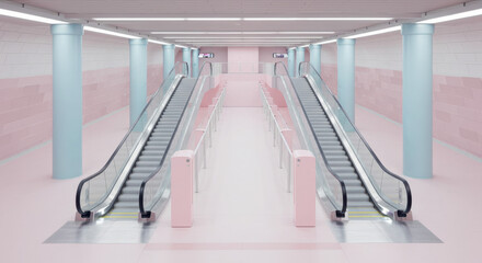 Pastel pink underground escalator station