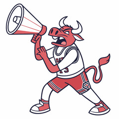 Cartoon Bull Mascot Shouting Through Megaphone While Wearing Basketball Uniform