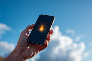A cell phone with a &ldquo;fire&rdquo; icon on the screen in your hand. Cell phone with an overheating message on the screen. Cell phone overheating in summer.