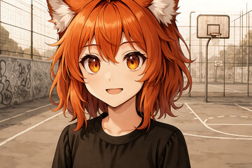 Energetic anime girl with fox ears and vibrant orange hair smiling warmly on a basketball court at sunset, surrounded by urban graffiti and sporty casual atmosphere.
