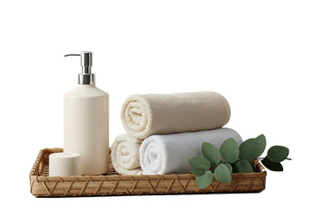 Spa aesthetic composition with rolled towels soap dispenser and decorative greenery Isolated on transparent background