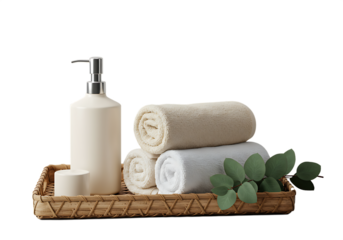 Spa aesthetic composition with rolled towels soap dispenser and decorative greenery Isolated on transparent background