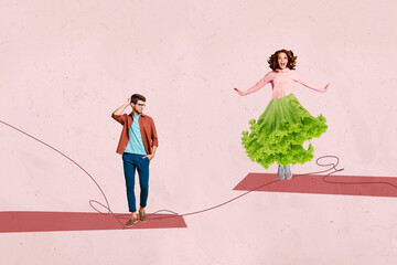 Trend image collage of people having lettuce skirt on pink background