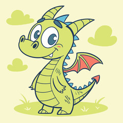 Fototapeta premium Cute Cartoon Dragon Standing in a Grassy Field with Clouds