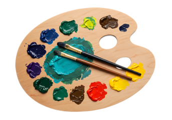 Artist's wooden palette with colorful oil paints and two paintbrushes ready for creativity Isolated on transparent background