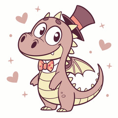 Cute Cartoon Dragon Wearing a Top Hat and Bow Tie Illustration