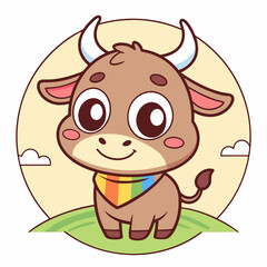 Cute Cartoon Calf with Rainbow Bandana Standing on Green Hill