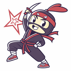 Cute Ninja Cartoon Character with Sword and Star Ready for Action