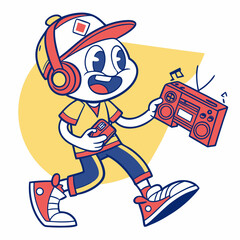 Cartoon Boy with Boombox and Headphones Running with Yellow Background
