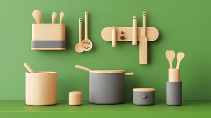 Minimalist wooden kitchen accessories in ash gray, set against a vibrant green background