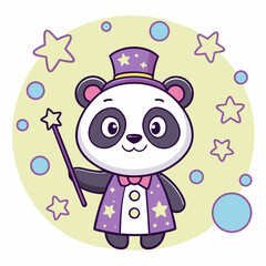Cute Panda Bear Magician with Wand and Top Hat Cartoon Illustration