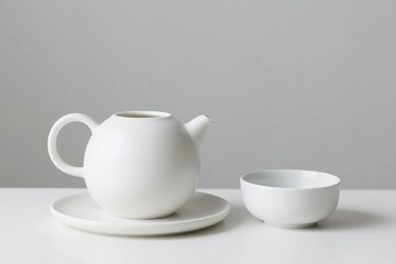 A white ceramic teapot with a round body and a handle, accompanied by a small white ceramic cup, placed on a white saucer and a white surface against a plain gray wall