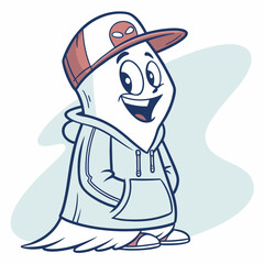 Cartoon Ghost Character Wearing a Hoodie and Baseball Cap Illustration