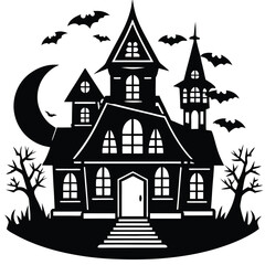 Spooky Haunted House Silhouette with Bats and Moon for Halloween