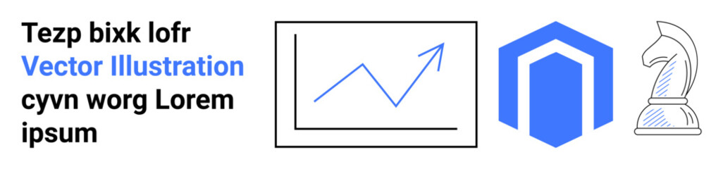 Upward graph for growth, shield icon for security, knight chess piece for strategy concepts. Ideal for business planning, investment, growth, protection, innovation, financial insights simple
