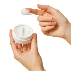 Scooping Cream with Fingers from a White Jar