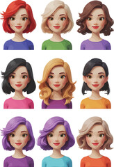 Diverse hairstyles and colorful fashion portraits of beautiful women in various styles