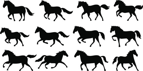 Vector Silhouetted Horses in Motion Grid – Stylized Equine Animation Study on White Background