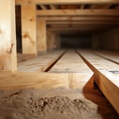 Wooden Beams and Dust Under a House in a Hidden Crawl Space