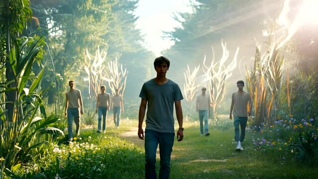 A serene path through a lush forest with multiple figures walking, illuminated by soft light