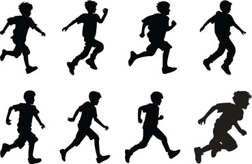 Kid running animation icons set in black flat styles. Boy in motion. Collection of running boy vectors. Sprite asset signs. Symbols illustration for app and website designs on transparent background.