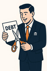 Debt elimination concept banker cutting debt document scissors. Financial freedom debt relief credit repair loan forgiveness. Business solution financial problems liberation economic success