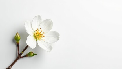 Delicate white blossom against pure white backdrop, white background, fragile, floral
