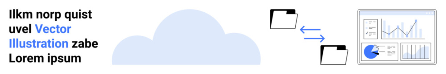 Cloud with data transfer between folders and analytics dashboard showing charts. Ideal for cloud computing, data management, analytics, business reports, networking, collaboration, simple landing