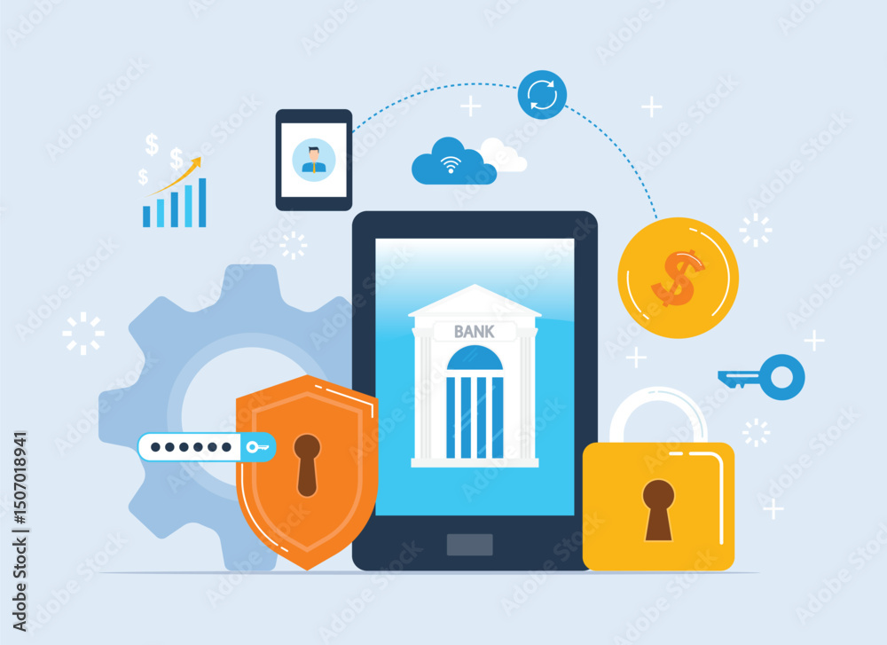 Poster flat vector online banking security. mobile banking and online payment transaction security concept