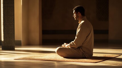 Fototapeta premium man praying in room before sunrise,