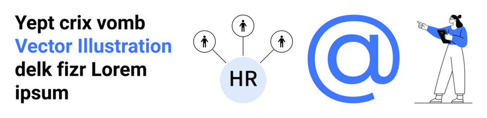 Fototapeta premium HR central hub connecting individuals, bold email icon illustrating communication, businesswoman emphasizing teamwork. Ideal for collaboration, HR, communication, networking, teamwork, training