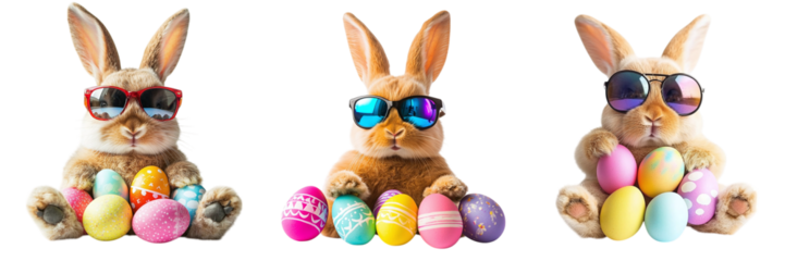 Set cute easter bunnies in sunglasses with colorful easter eggs isolated on transparent background PNG