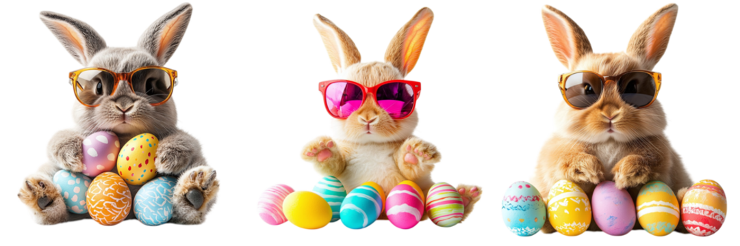 Set cute easter bunnies in sunglasses with colorful easter eggs isolated on transparent background PNG