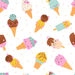Seamless pattern with ice cream cones with toppings in a playful cartoon style.  Vector