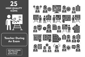 Teacher during an exam Glyph Icon Set. Incleded Icons Multitasking, School Teacher, Clipboard, Time to study, Book, Team, Stress, Full time, Teacher. Vector Icons Collection