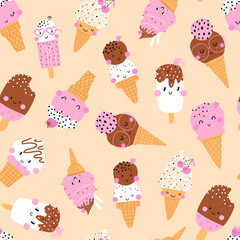 Seamless pattern with ice cream cones with toppings in a playful cartoon style.  Vector