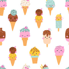 Seamless pattern with ice cream cones with toppings in a playful cartoon style.  Vector