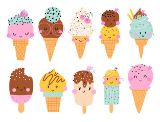 Various ice cream cones set with toppings in a playful cartoon style.  Vector