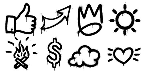 graffiti style icon set with black spray stencil elements. arrow, crown, heart, cloud, flame, sun, thumbs up, and dollar sign. Grunge, dripping paint texture gives strong street art aesthetic.