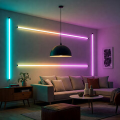 A modern living room with atmospheric lighting from colorful wall strips and a pendant lamp above a sofa and coffee table. Generative AI.