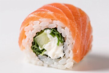 A single sushi roll with salmon, cucumber, and cream cheese filling