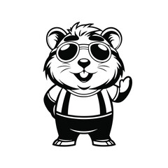 Monochrome Smiling Bear Wearing Glasses and Suspenders Waving Isolated on White