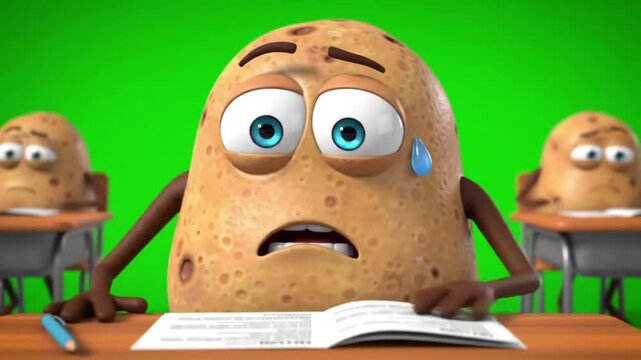 Stressed Potato Students Taking Difficult Exam in Classroom