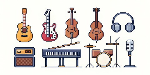 Pixel Art Musical Instruments – 8-bit Music Icons on White Background