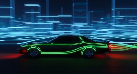 Obraz premium Car Driving on Neon Light Streets