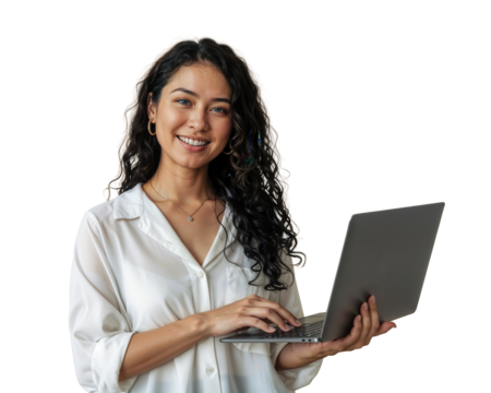 Woman smiling holding laptop in white shirt against transparent background