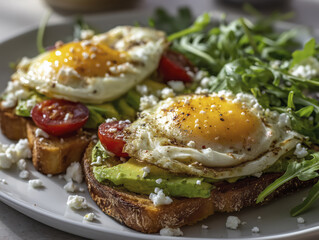 Healthy Breakfast Plate with Avocado, Poached Egg, and Feta Salad