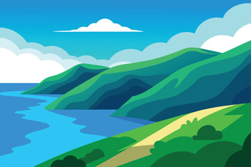 Serene Coastal Mountain Landscape Illustrated View of Ocean and Rolling Hills
